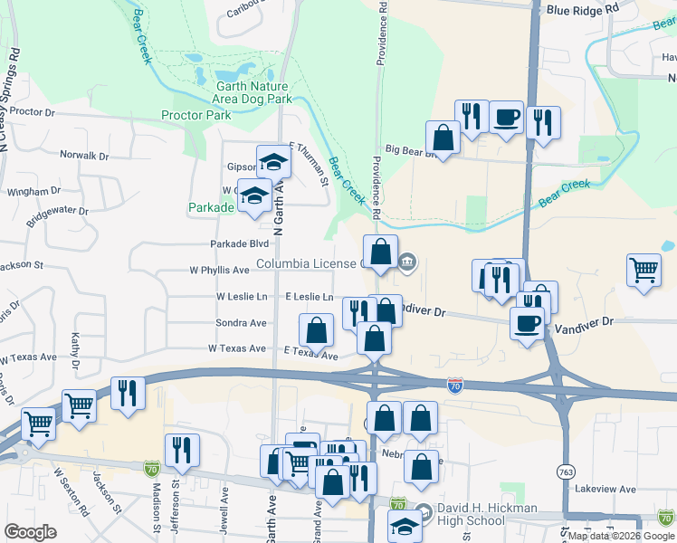 map of restaurants, bars, coffee shops, grocery stores, and more near 1916 Newton Drive in Columbia