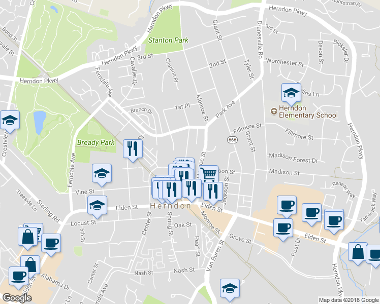 map of restaurants, bars, coffee shops, grocery stores, and more near 884 Station Street in Herndon