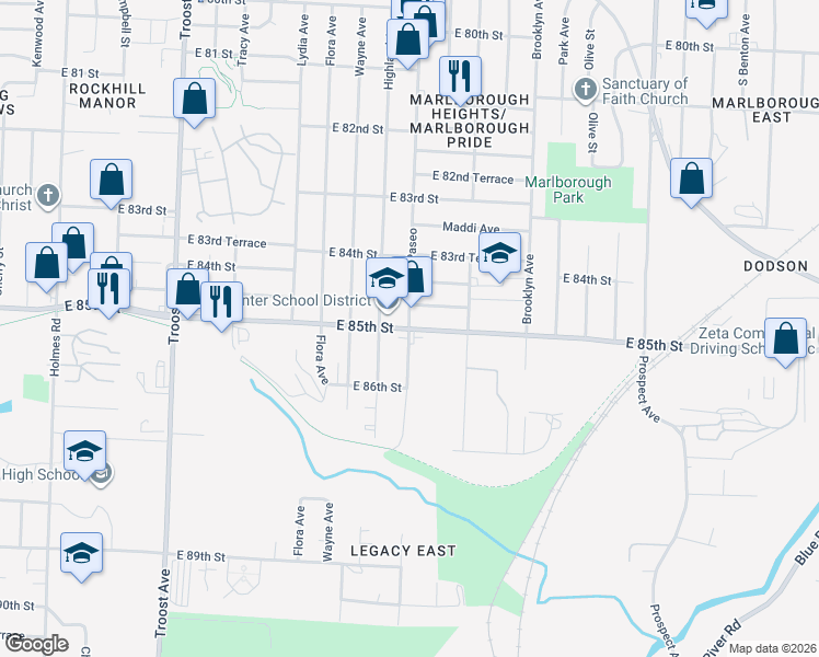 map of restaurants, bars, coffee shops, grocery stores, and more near Paseo Blvd & E 85th St in Kansas City