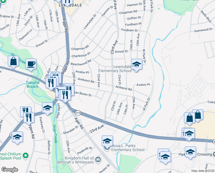 map of restaurants, bars, coffee shops, grocery stores, and more near 2213 Amherst Road in Hyattsville