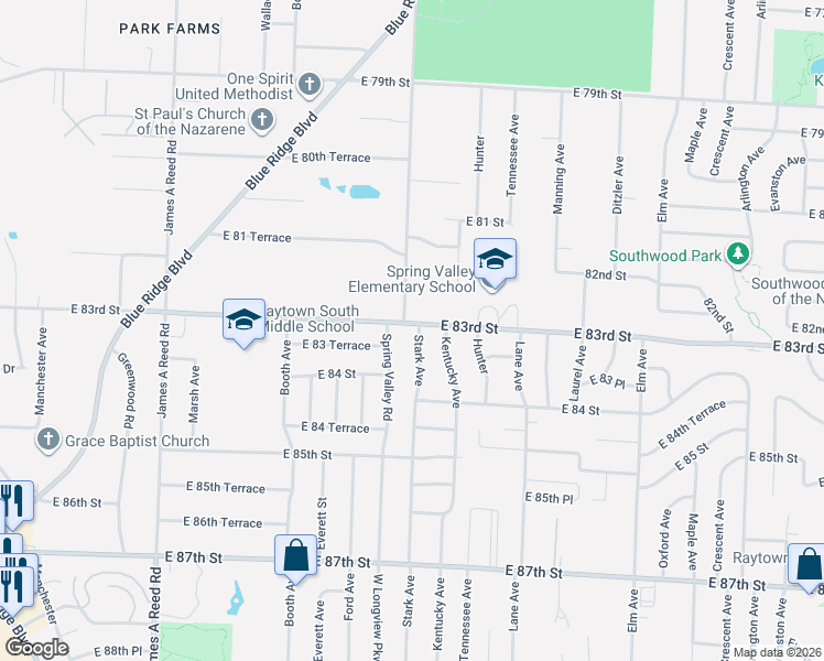 map of restaurants, bars, coffee shops, grocery stores, and more near 8300 Stark Avenue in Raytown