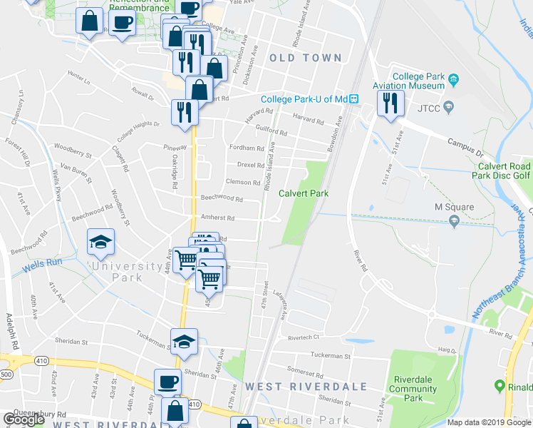 map of restaurants, bars, coffee shops, grocery stores, and more near 6800 Dartmouth Avenue in College Park