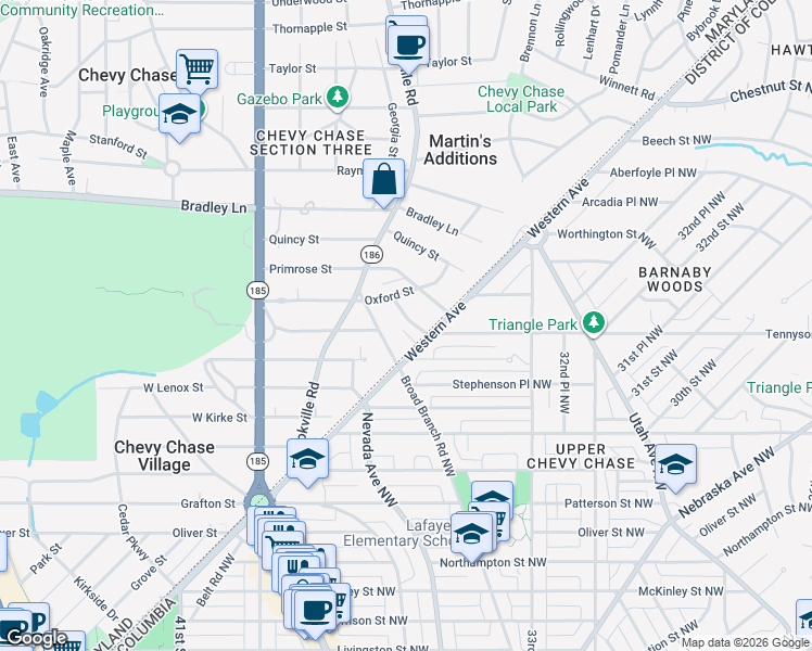 map of restaurants, bars, coffee shops, grocery stores, and more near 110 Summerfield Road in Chevy Chase