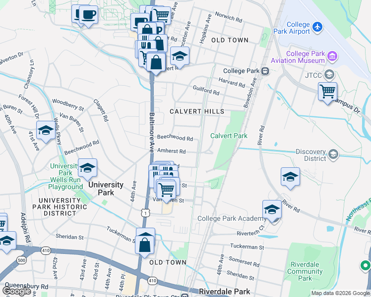 map of restaurants, bars, coffee shops, grocery stores, and more near 4608 Amherst Road in College Park
