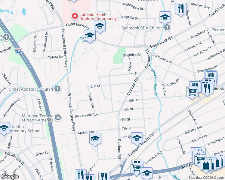 map of restaurants, bars, coffee shops, grocery stores, and more near 6223 Brightlea Drive in Lanham