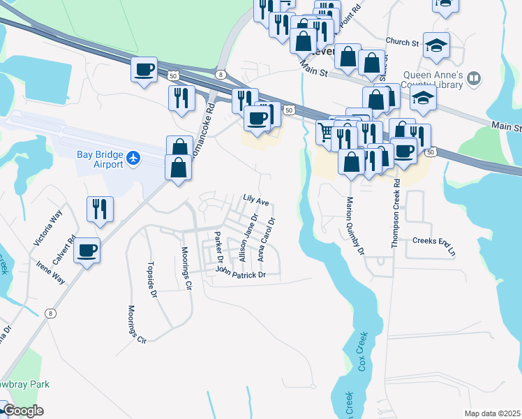 map of restaurants, bars, coffee shops, grocery stores, and more near 344 Allison Jane Drive in Stevensville