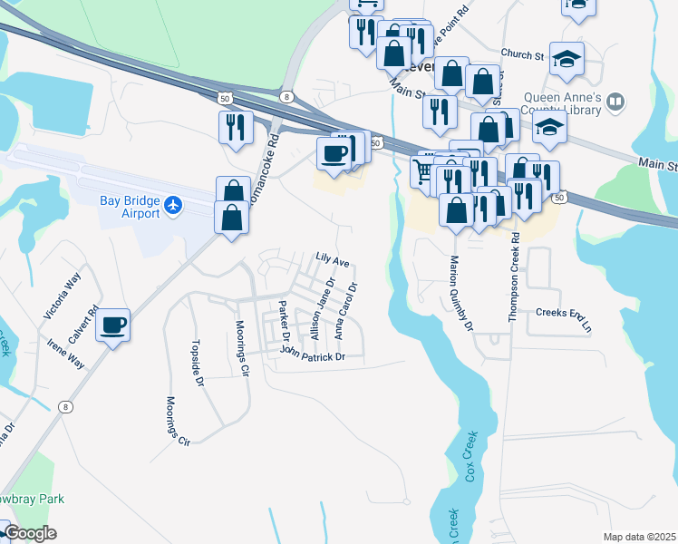 map of restaurants, bars, coffee shops, grocery stores, and more near 344 Allison Jane Drive in Stevensville