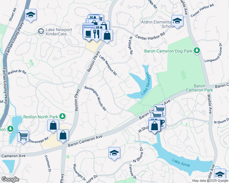 map of restaurants, bars, coffee shops, grocery stores, and more near 11598 Newport Cove Lane in Reston