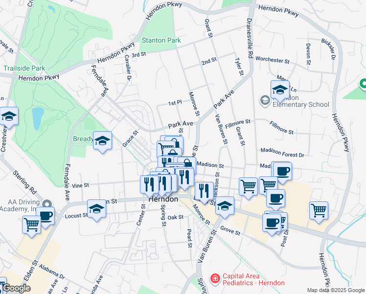 map of restaurants, bars, coffee shops, grocery stores, and more near 884 Station Street in Herndon