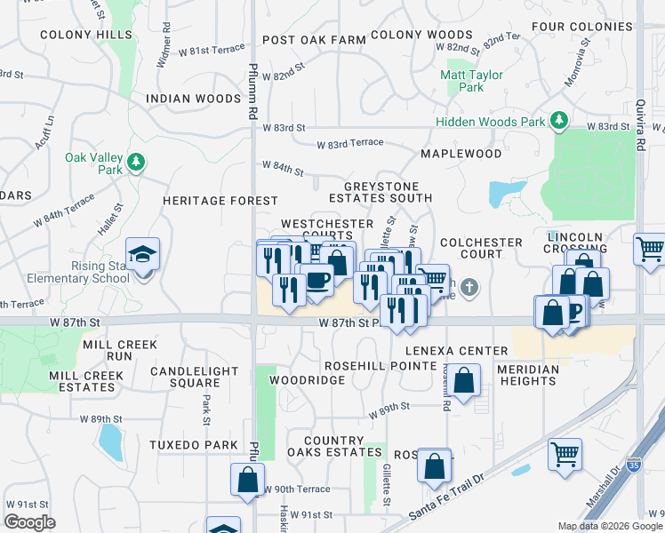 map of restaurants, bars, coffee shops, grocery stores, and more near 8600 Hauser Street in Lenexa