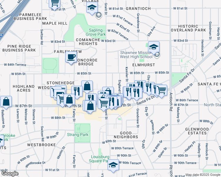 map of restaurants, bars, coffee shops, grocery stores, and more near 8544 Hayes Street in Overland Park