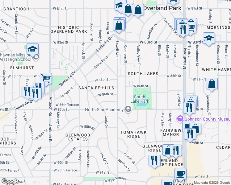 map of restaurants, bars, coffee shops, grocery stores, and more near 7900 West 86th Street in Overland Park