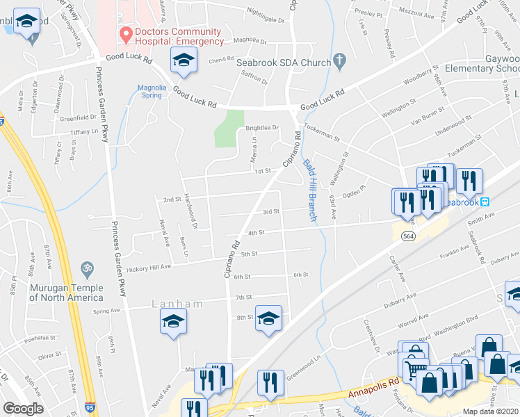 map of restaurants, bars, coffee shops, grocery stores, and more near 9100 3rd Street in Lanham