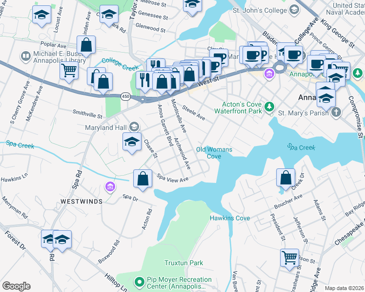 map of restaurants, bars, coffee shops, grocery stores, and more near 132 Archwood Avenue in Annapolis