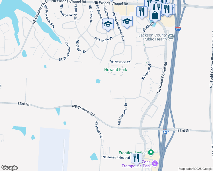 map of restaurants, bars, coffee shops, grocery stores, and more near 3360 Northeast Wilshire Drive in Lee's Summit