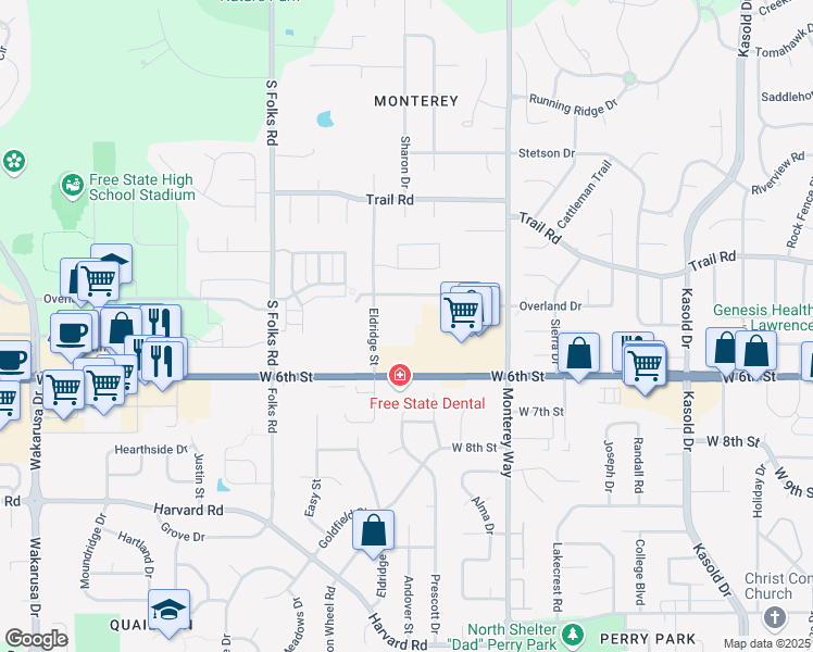 map of restaurants, bars, coffee shops, grocery stores, and more near 530 Eldridge Street in Lawrence