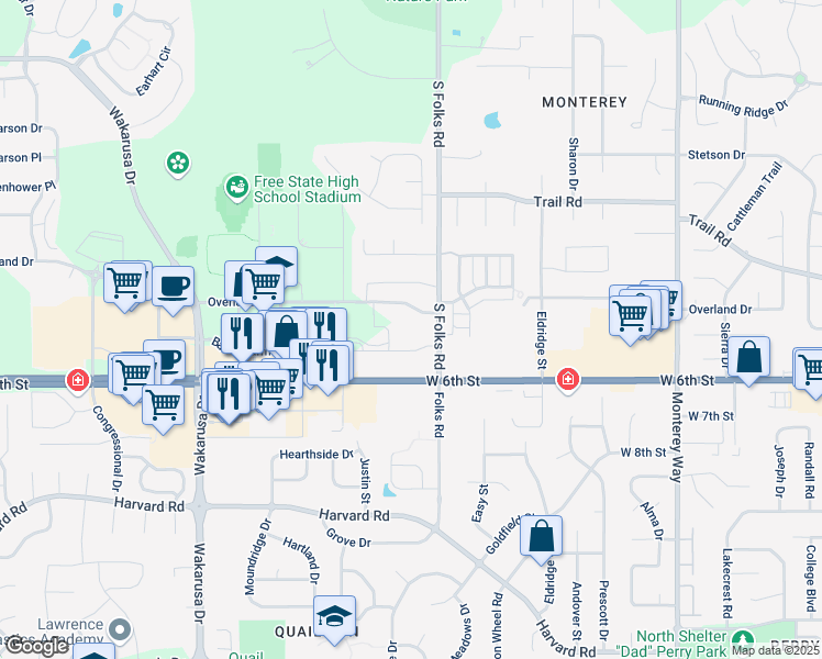 map of restaurants, bars, coffee shops, grocery stores, and more near 4430 Bauer Farm Drive in Lawrence