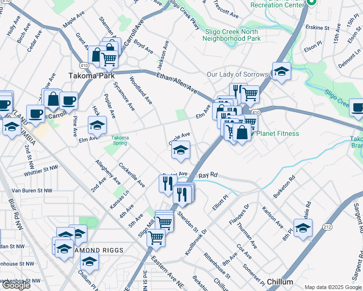 map of restaurants, bars, coffee shops, grocery stores, and more near 6715 Conway Avenue in Takoma Park
