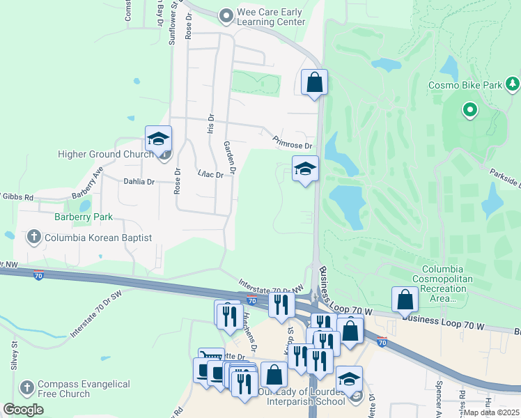 map of restaurants, bars, coffee shops, grocery stores, and more near 1723 Timber Creek Drive in Columbia