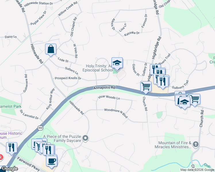 map of restaurants, bars, coffee shops, grocery stores, and more near Annapolis Road in Severn