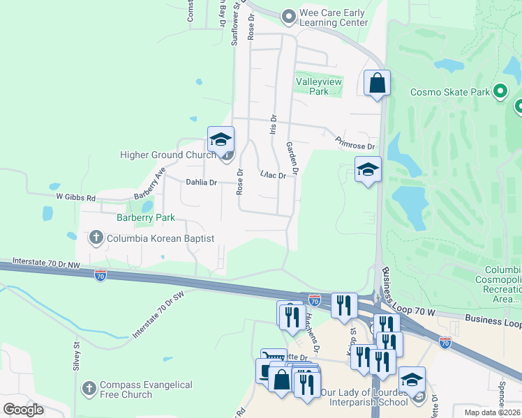 map of restaurants, bars, coffee shops, grocery stores, and more near 2610 Morning Glory Drive in Columbia