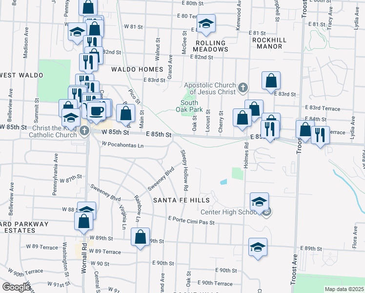 map of restaurants, bars, coffee shops, grocery stores, and more near 8519 Sleepy Hollow Road in Kansas City