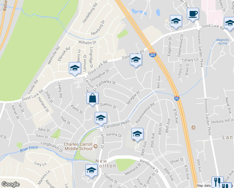 map of restaurants, bars, coffee shops, grocery stores, and more near 6443 Fairborn Terrace in New Carrollton