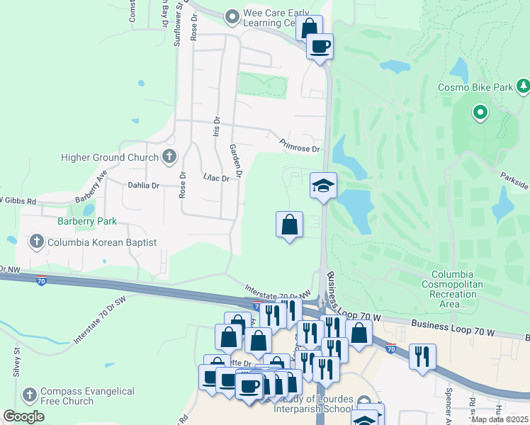 map of restaurants, bars, coffee shops, grocery stores, and more near 1723 Timber Creek Drive in Columbia