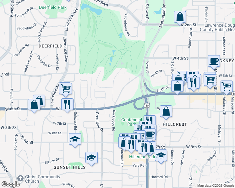 map of restaurants, bars, coffee shops, grocery stores, and more near 610 Country Club Terrace in Lawrence