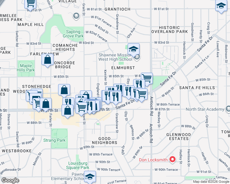 map of restaurants, bars, coffee shops, grocery stores, and more near 8600 Grandview Lane in Overland Park
