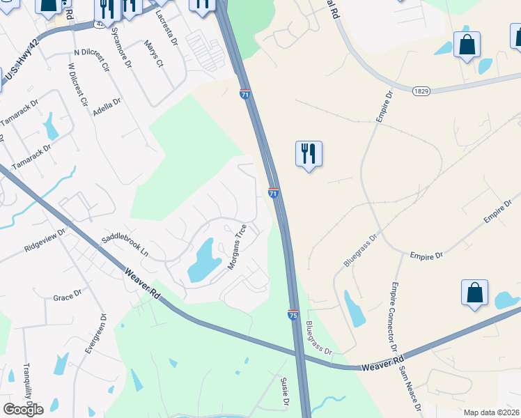 map of restaurants, bars, coffee shops, grocery stores, and more near 566 Saddlebrook Lane in Florence