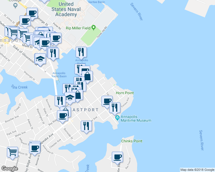 map of restaurants, bars, coffee shops, grocery stores, and more near 21 Chesapeake Landing in Annapolis