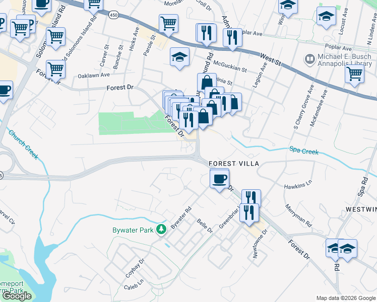 map of restaurants, bars, coffee shops, grocery stores, and more near 1831 Forest Drive in Annapolis