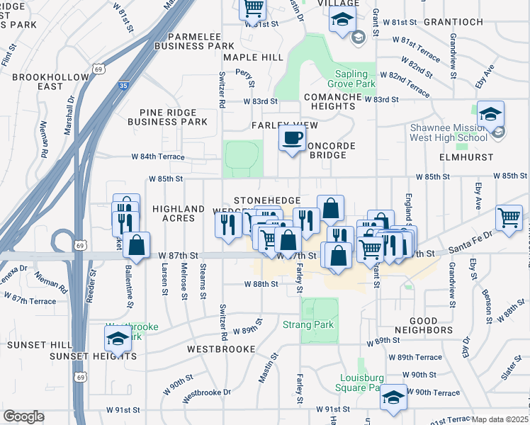 map of restaurants, bars, coffee shops, grocery stores, and more near 8572 Wedd Street in Overland Park