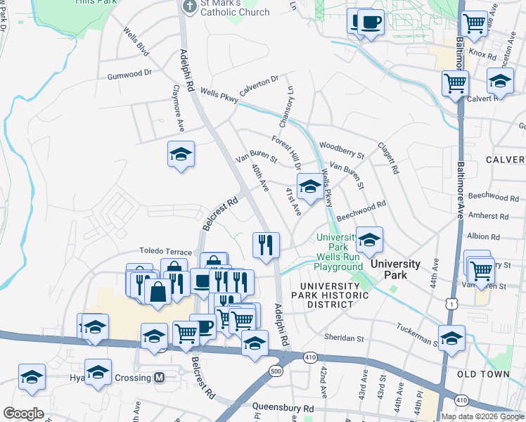 map of restaurants, bars, coffee shops, grocery stores, and more near 6803 Adelphi Road in University Park
