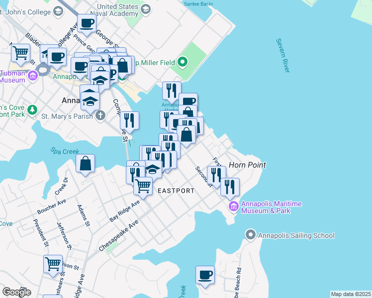 map of restaurants, bars, coffee shops, grocery stores, and more near 130 Severn Avenue in Annapolis