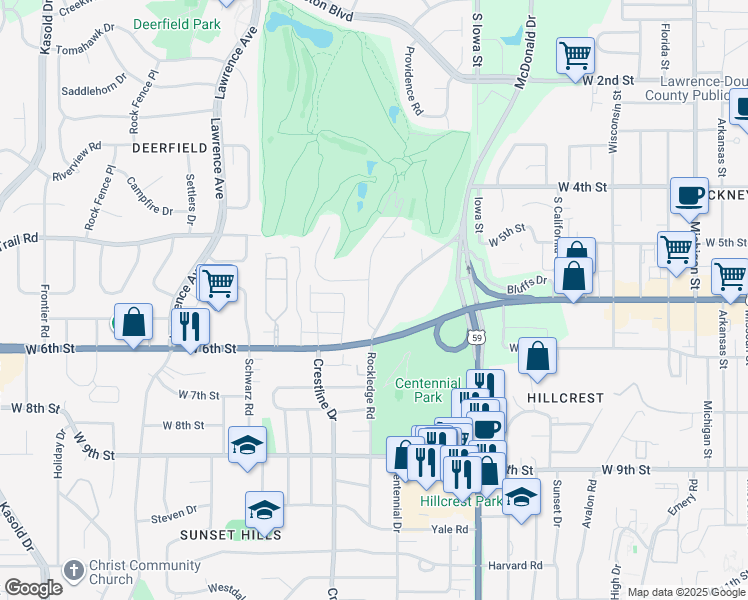 map of restaurants, bars, coffee shops, grocery stores, and more near 610 Country Club Terrace in Lawrence