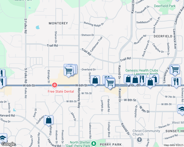 map of restaurants, bars, coffee shops, grocery stores, and more near 3724 Westland Place in Lawrence