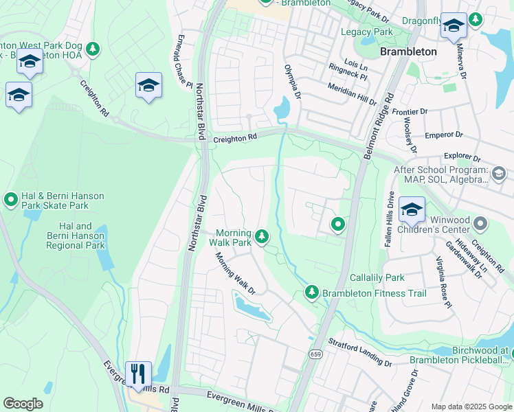 map of restaurants, bars, coffee shops, grocery stores, and more near 23261 Morning Walk Drive in Ashburn
