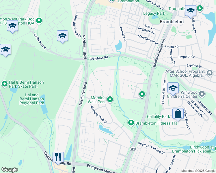 map of restaurants, bars, coffee shops, grocery stores, and more near 23261 Morning Walk Drive in Ashburn