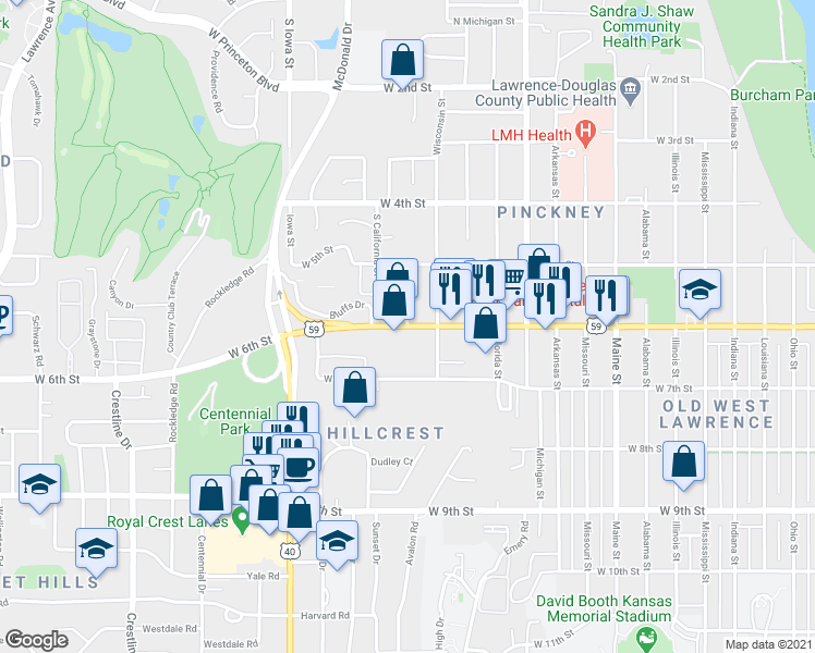 map of restaurants, bars, coffee shops, grocery stores, and more near 1801 West 6th Street in Lawrence