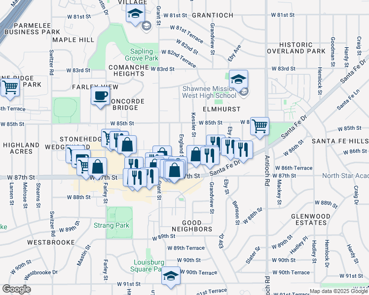 map of restaurants, bars, coffee shops, grocery stores, and more near 8547 England Street in Overland Park