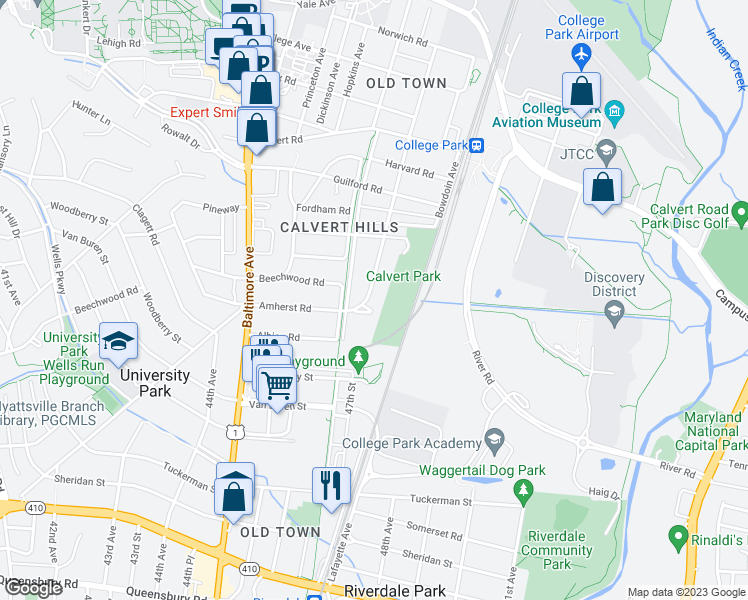 map of restaurants, bars, coffee shops, grocery stores, and more near 6803 Dartmouth Avenue in College Park