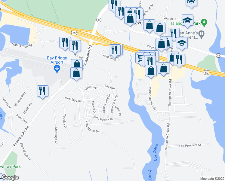 map of restaurants, bars, coffee shops, grocery stores, and more near 335 Anna Carol Drive in Stevensville