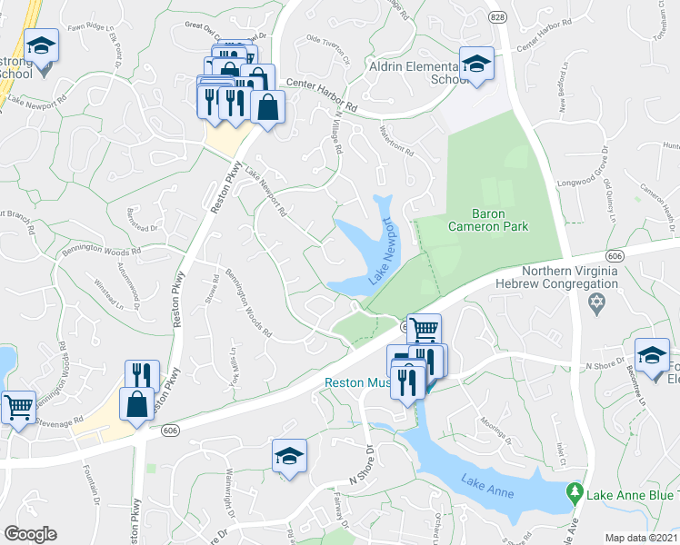 map of restaurants, bars, coffee shops, grocery stores, and more near 11571 Lake Newport Road in Reston
