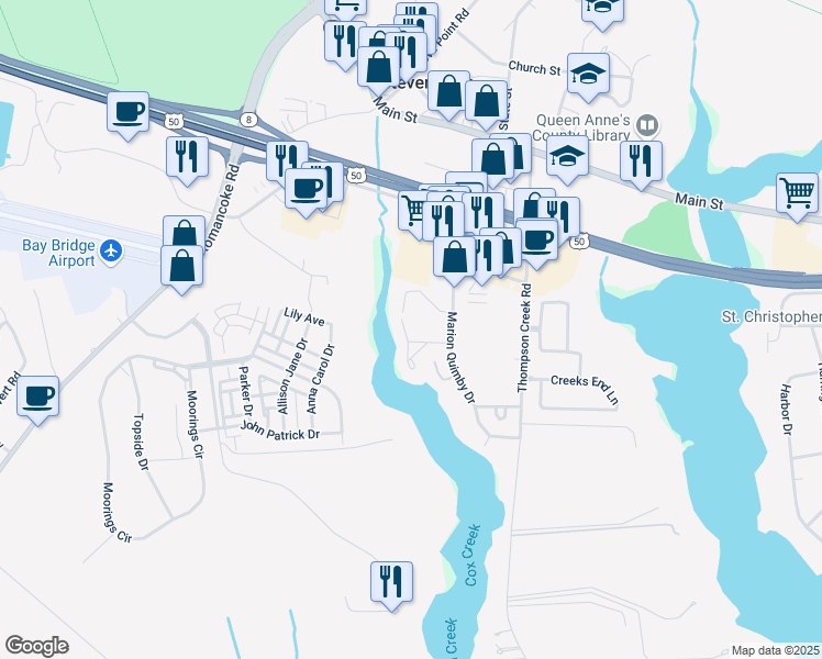 map of restaurants, bars, coffee shops, grocery stores, and more near 1803 Marion Quimby Drive in Stevensville