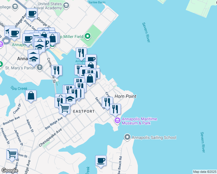 map of restaurants, bars, coffee shops, grocery stores, and more near 21 Chesapeake Landing in Annapolis