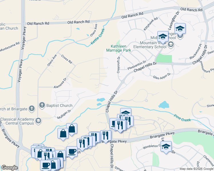 map of restaurants, bars, coffee shops, grocery stores, and more near 9765 Kit Carson Lane in Colorado Springs