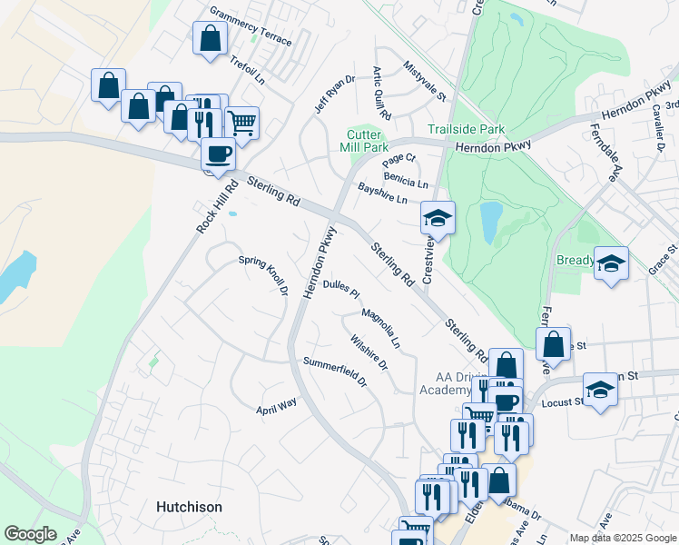 map of restaurants, bars, coffee shops, grocery stores, and more near 661 Dulles Court in Herndon