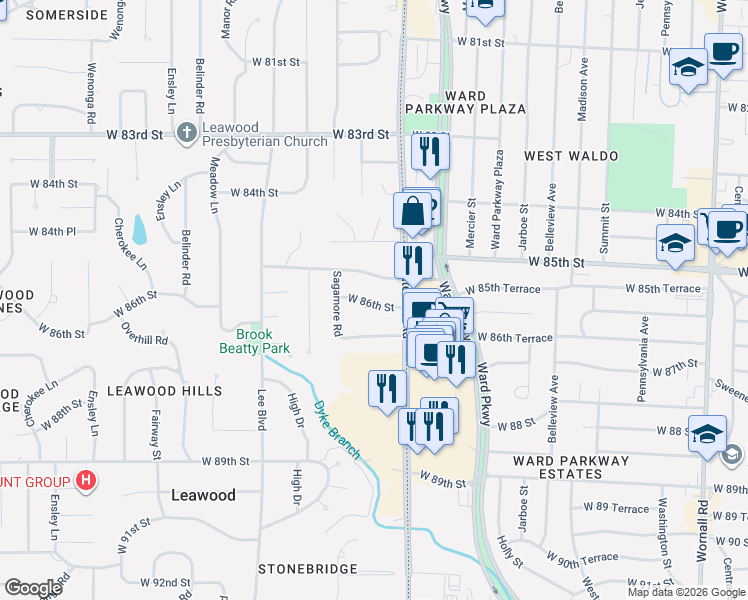 map of restaurants, bars, coffee shops, grocery stores, and more near 2011 West 86th Street in Leawood